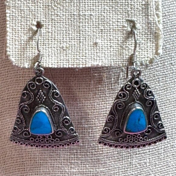 Vtg Sterling Silver .925 Dangle Earrings Turquoise Stone Southwest Swirl Ornate - Picture 1 of 7